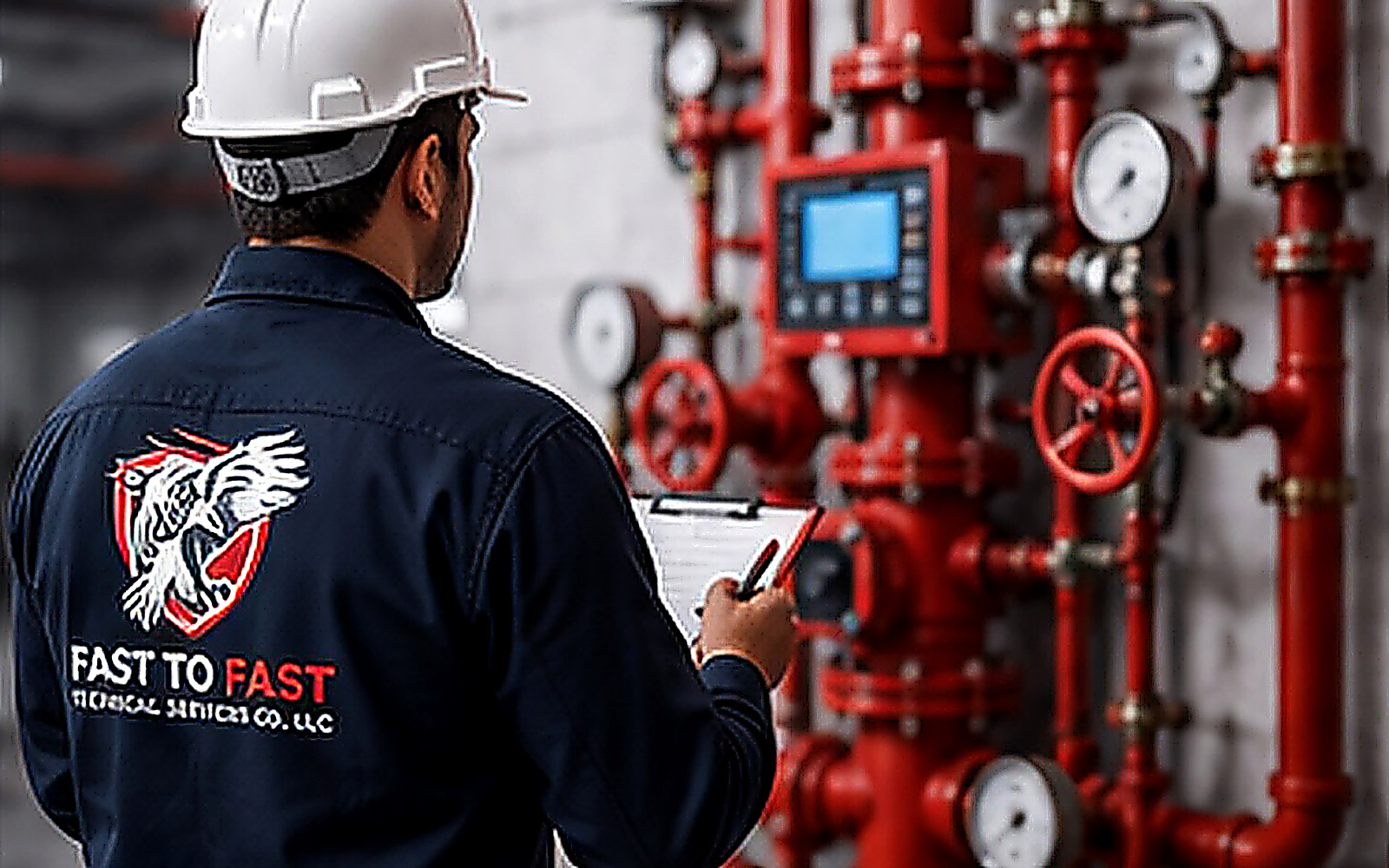 Fire safety technician inspecting fire system